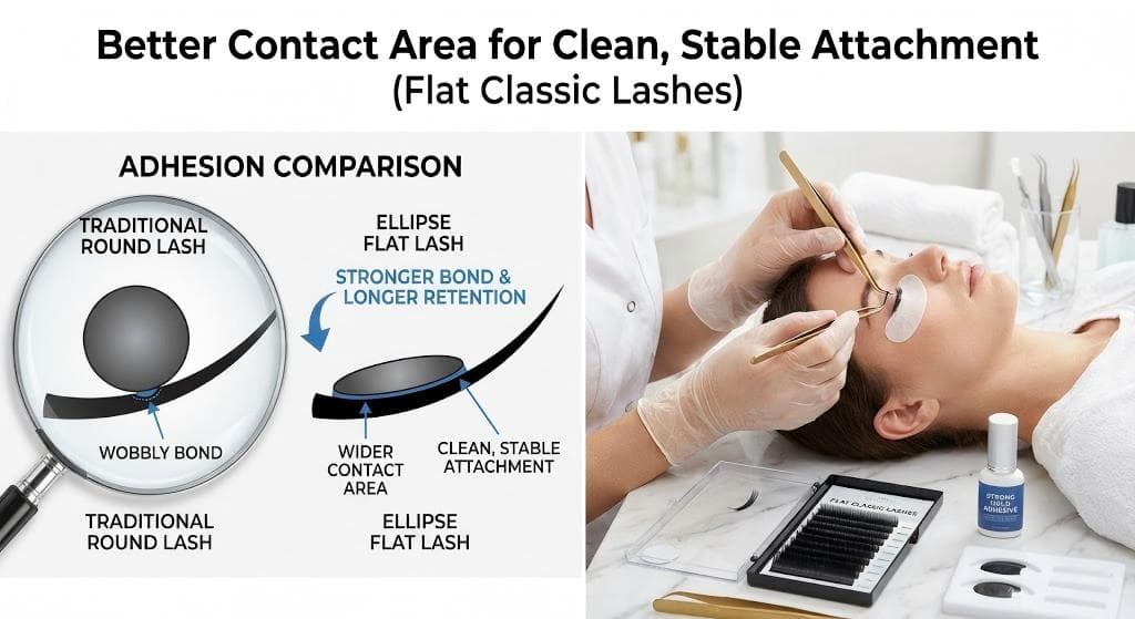 Lashmaitre ellipse flat lashes wholesale flat classic lashes showing better contact area for clean stable attachment in classic lash extension application