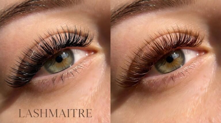 Macro close-up of a creative lash set featuring a seamless blend of LASHMAITRE's jet black and purple eyelash extensions for a dimensional, trendy look.