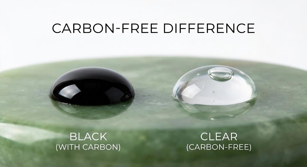Macro comparison of Black vs. Clear adhesive drops on a jade stone, highlighting the carbon-free solution for preventing an allergic reaction to eyelash extensions.