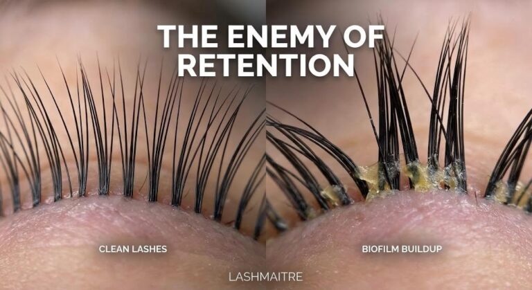 Macro comparison showing clean lashes versus dirty lashes with biofilm buildup, illustrating the link between blepharitis and eyelash extensions retention failure.