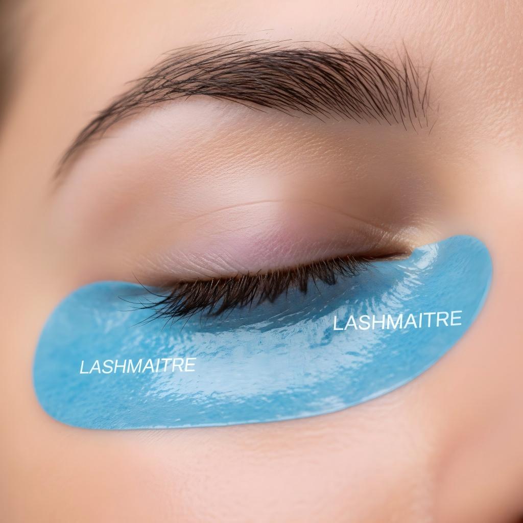 LASHMAITRE blue sensitive silicone lash extension tape applied to a client's lower lashes for painless isolation and comfort.