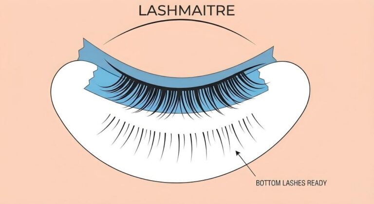 Technical illustration of the closed-eye isolation technique for applying bottom lash eyelash extensions safely using LASHMAITRE professional tools.