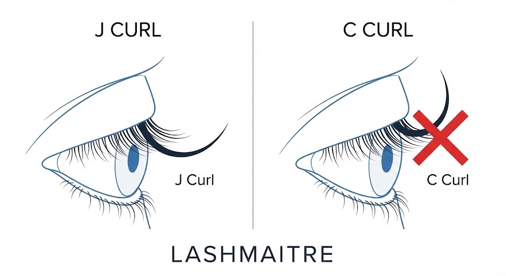 Technical diagram showing the correct curl for bottom lash eyelash extensions, comparing the comfortable LASHMAITRE J Curl against the irritating C Curl.