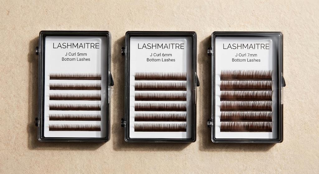 LASHMAITRE 6-line mini wholesale trays in J Curl 5mm, 6mm, and 7mm designed specifically for professional bottom lash eyelash extensions.