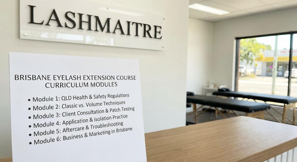 Detailed curriculum board for the LASHMAITRE Brisbane eyelash extension course, displaying 6 comprehensive training modules.