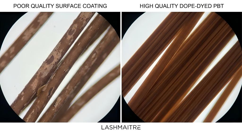 LASHMAITRE microscopic comparison showing poor quality surface-coated brown lash extensions with flaking color versus high quality dope-dyed PBT brown lash extensions with uniform color, ideal for blondes.