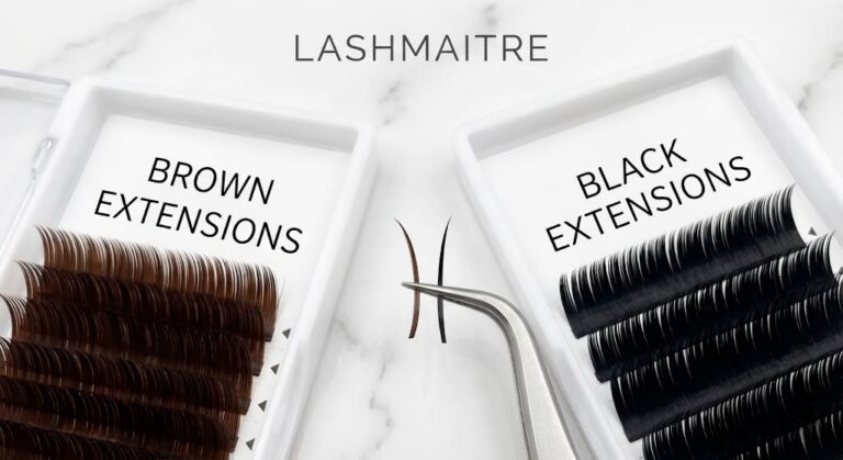 A side-by-side comparison of LASHMAITRE chocolate brown extensions versus standard black extensions, illustrating the softer, more natural effect of using brown lashes for blondes and fair-skinned clients.