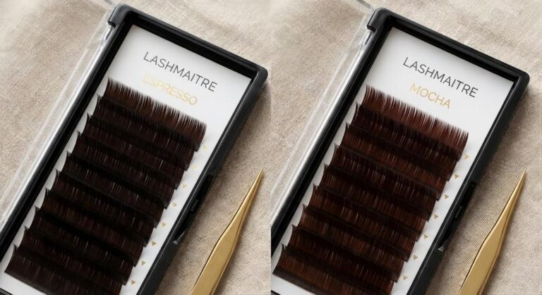 LASHMAITRE Espresso and Mocha brown lash trays displayed as a natural alternative in the brown vs black eyelash extensions comparison for wholesale buyers.