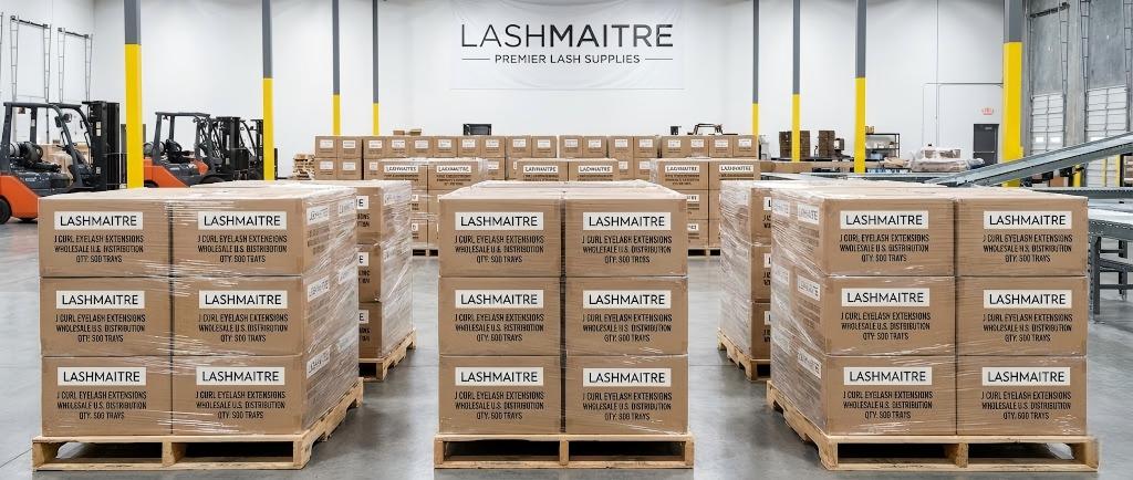 Pallets of LASHMAITRE J Curl Eyelash Extensions packed in labeled cartons, ready for bulk wholesale distribution to U.S. salons and distributors.