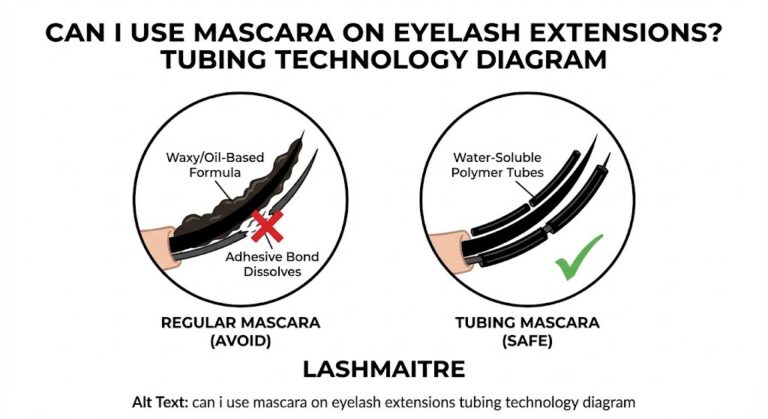 Technical diagram answering "can i use mascara on eyelash extensions" by comparing damaging oil-based formulas versus safe tubing technology.