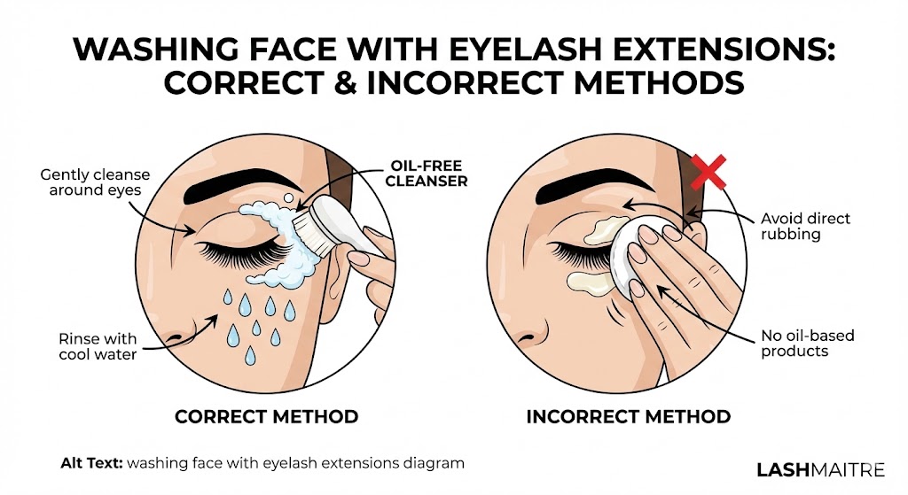 Educational diagram demonstrating the correct versus incorrect cleansing methods to answer: can i wash my face with eyelash extensions?
