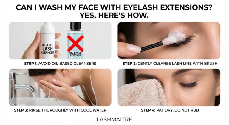 Visual comparison guide answering "can i wash my face with eyelash extensions" by demonstrating the correct cleansing technique versus damaging rubbing methods.