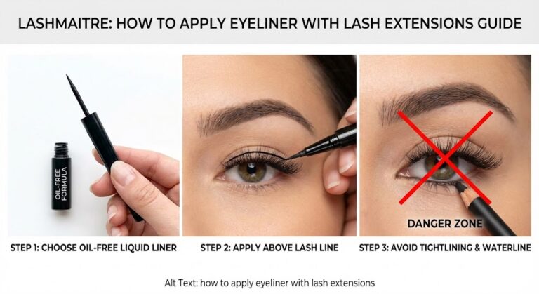 Visual guide answering "can you wear eyeliner with eyelash extensions" by demonstrating the correct, oil-free application technique.