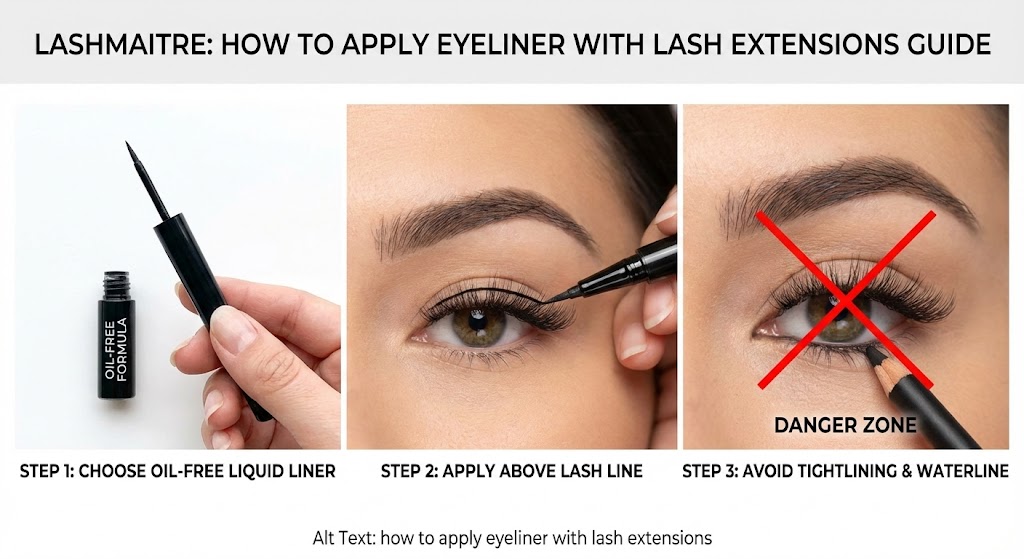 Visual guide answering "can you wear eyeliner with eyelash extensions" by demonstrating the correct, oil-free application technique.
