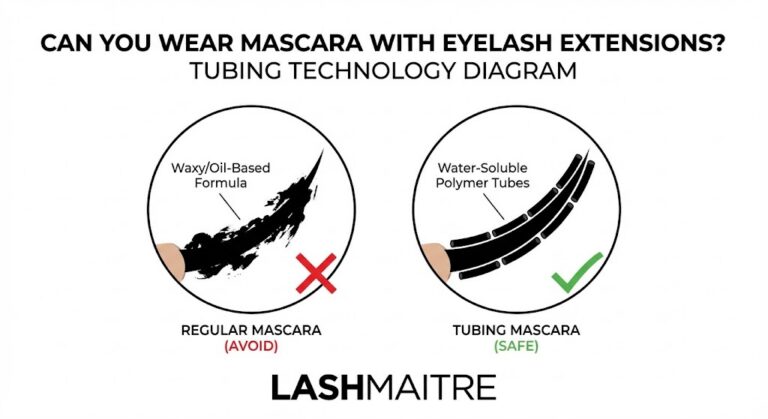 Technical diagram comparing oil-based formulas versus tubing technology to answer the question: can you wear mascara with eyelash extensions?
