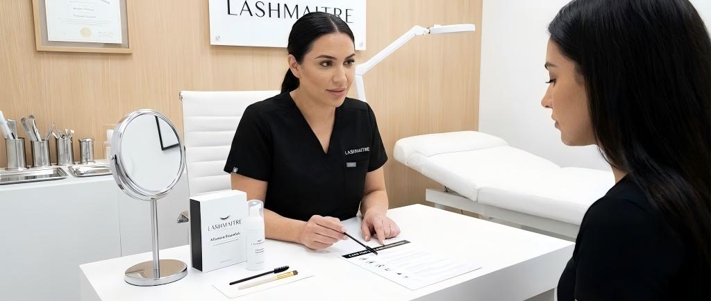Professional LASHMAITRE technician providing an aftercare consultation to a client in a US salon, explaining proper care for eyelash extensions to ensure long-term retention.