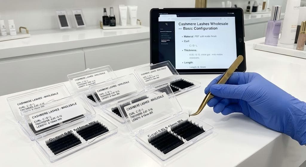 Lashmaitre cashmere lashes wholesale basic configuration showing PBT material, curls C–LD, thickness 0.03–0.20, and 8–15mm MIX lengths