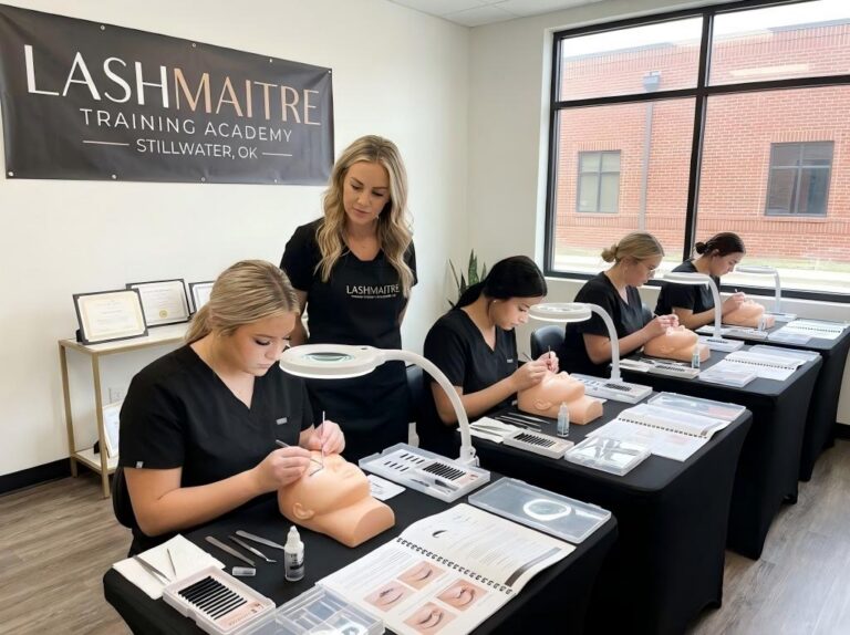 A professional training classroom featuring certified technicians practicing advanced techniques with organized trays, setting the standard for quality eyelash extensions Stillwater.