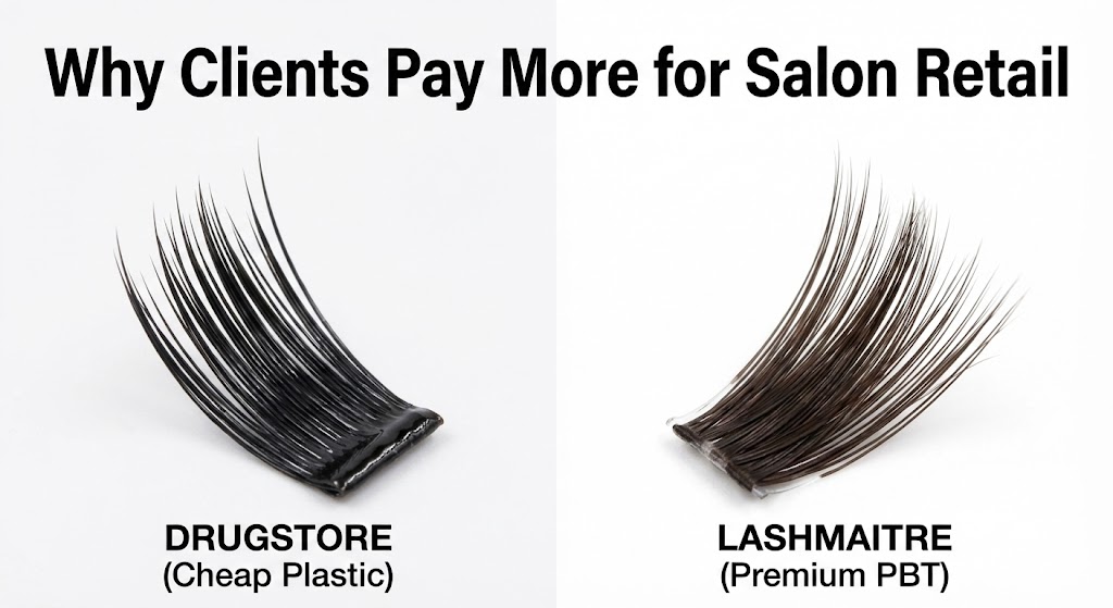 Macro comparison showing shiny plastic drugstore clusters with thick bands versus LASHMAITRE's matte PBT segments with superfine bands, illustrating why they are the best diy eyelash extensions available.