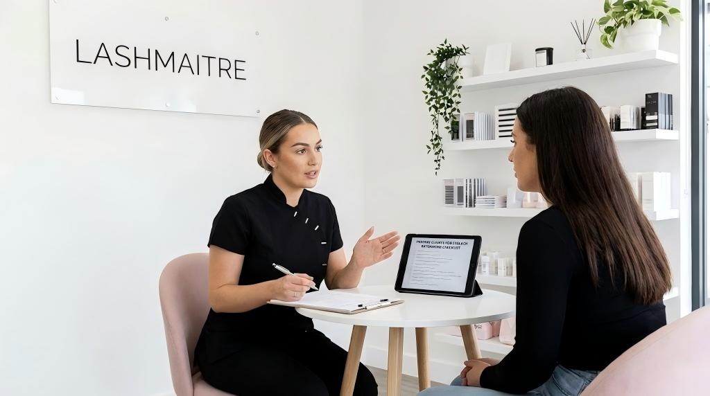 A professional LASHMAITRE technician reviewing a pre-appointment checklist with a customer, explaining how to prepare clients for eyelash extensions to ensure a successful application.