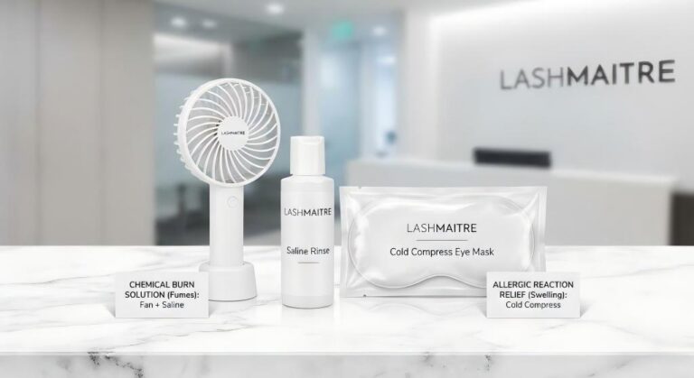 A professional LASHMAITRE Sensitive Eye Kit containing a mini fan, saline rinse, and cold compress mask, designed to treat symptoms of chemical burn vs allergic reaction lashes.