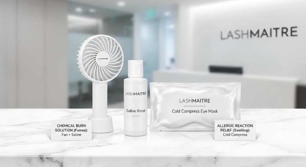A professional LASHMAITRE Sensitive Eye Kit containing a mini fan, saline rinse, and cold compress mask, designed to treat symptoms of chemical burn vs allergic reaction lashes.