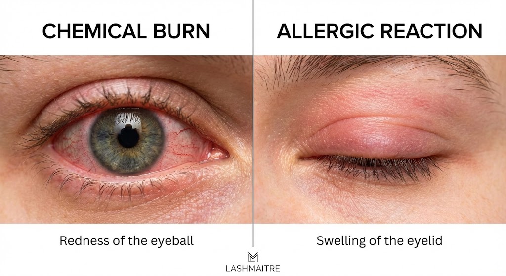 Medical comparison diagram showing the difference between a chemical burn (red eyeball) and an allergic reaction to eyelash extension glue (swollen eyelid).