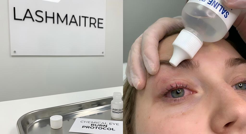 Demonstration of treating a chemical eye burn from lash glue with a saline rinse, alongside a professional "Chemical Eye Burn Protocol" card and supplies at Lashmaitre.