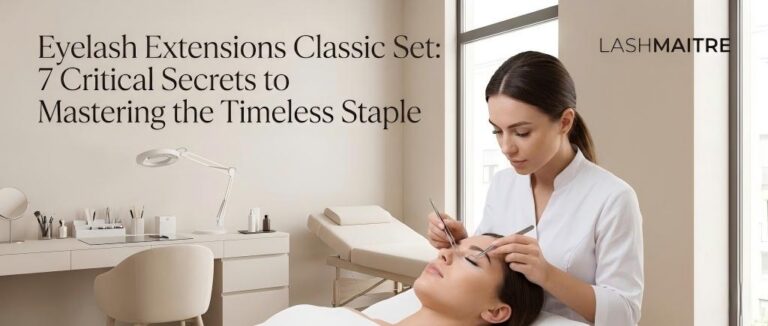 Macro view of the precise 1:1 application technique for an eyelash extensions classic set, demonstrating perfect isolation and attachment as taught in LASHMAITRE's expert guide.