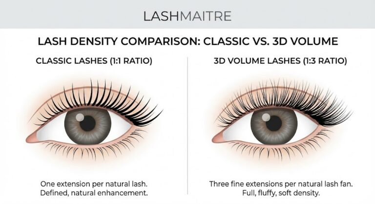 Side-by-side infographic comparing the 1:1 Classic technique vs the 1:3 3D Volume technique to visually explain the factors behind volume lash extensions cost.