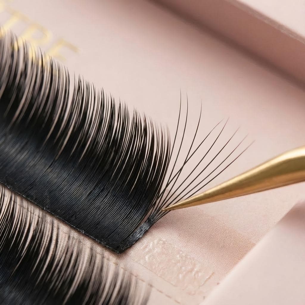 Close-up of Lashmaitre ellipse flat lash extensions showing deep black flat classic lashes with oval flat fiber base for stronger contact area