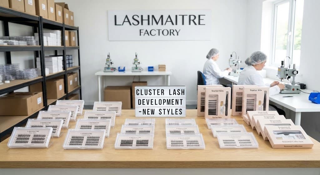 Cluster lash samples arranged on trays with specification notes on a work table