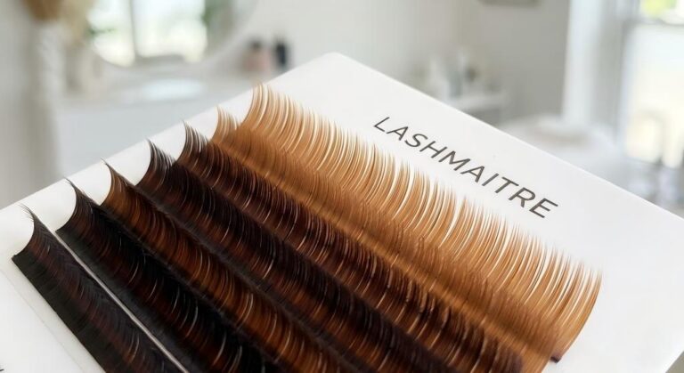 Close-up of LASHMAITRE ombre eyelash extensions tray showing the gradient structure with dark roots fading into lighter brown tips.