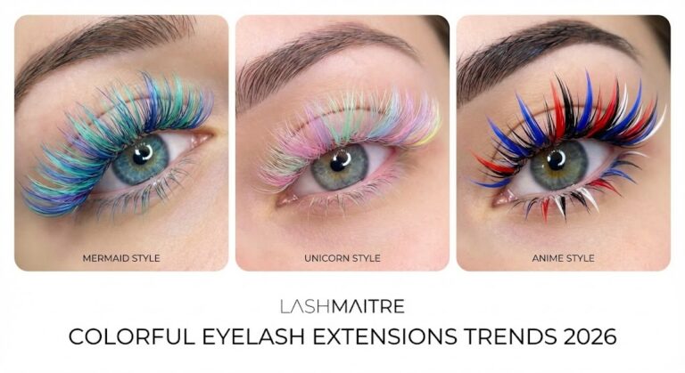 Photo collage highlighting 2026 trends for colorful eyelash extensions, featuring Mermaid, Unicorn, and Anime styles by Lashmaitre.