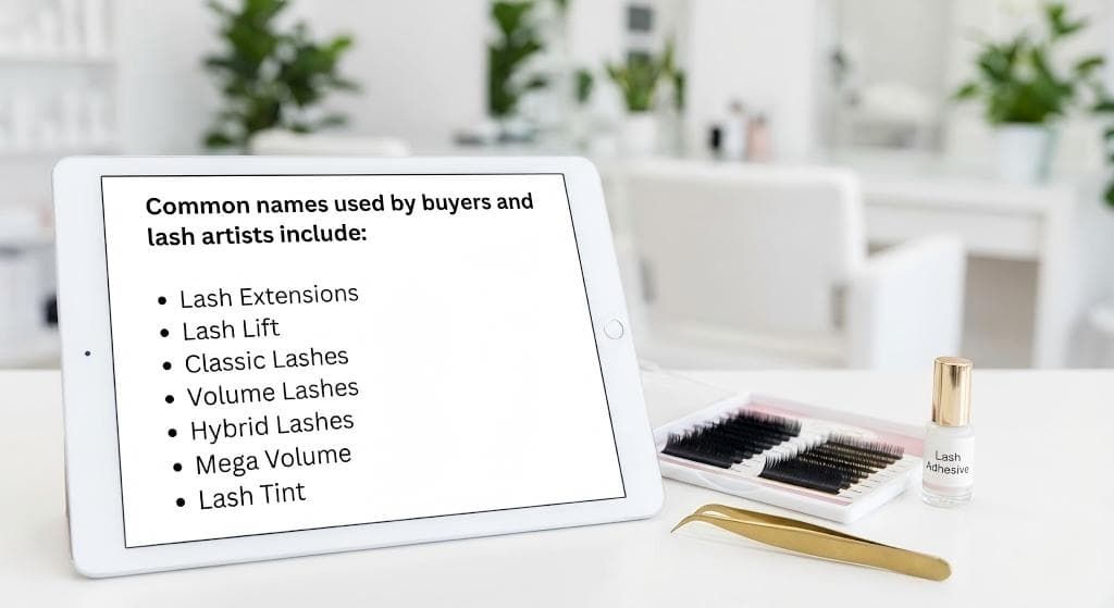 Lashmaitre ellipse flat lashes wholesale labeled as flat lash extensions, ellipse classic lashes, and flat classic lashes on deep black lash trays