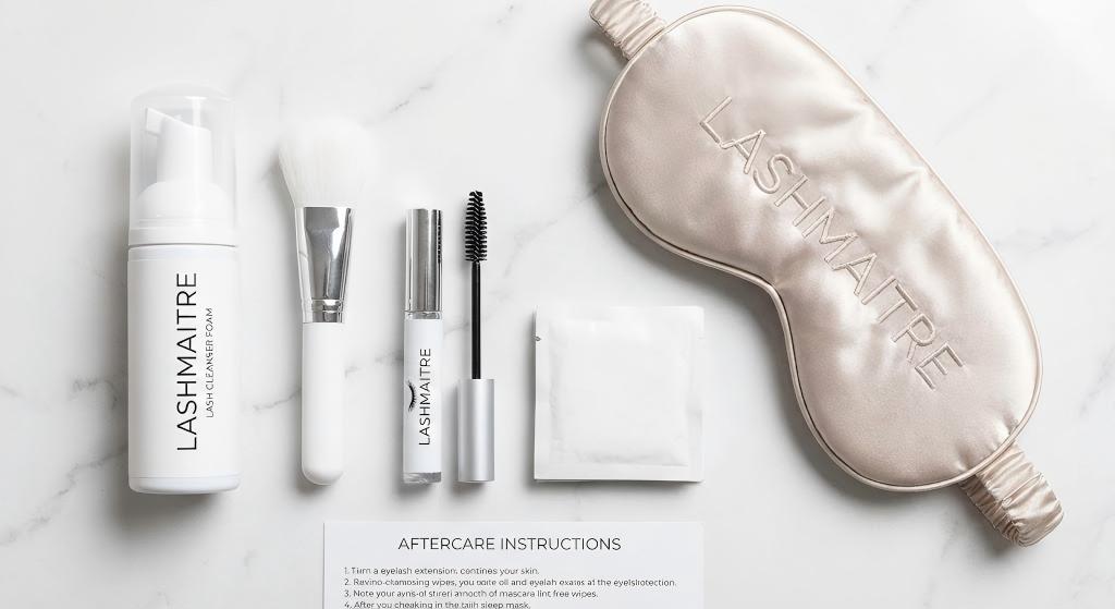 A complete LASHMAITRE eyelash extension care kit displayed on a white marble surface, containing lash cleanser foam, a cleansing brush, a spoolie wand, lint-free wipes, a silk sleep mask, and an aftercare instruction card.