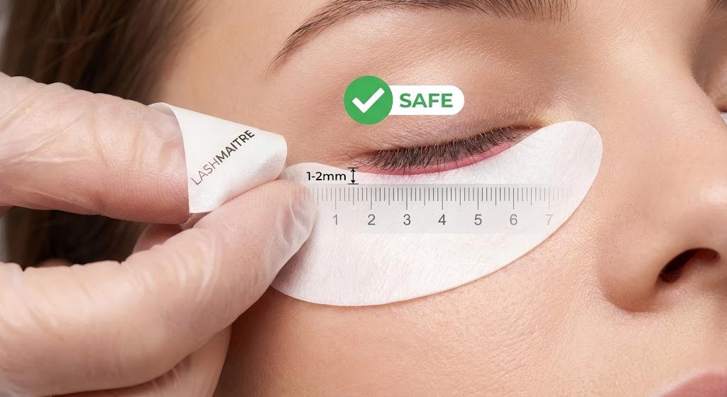 Macro photograph of LASHMAITRE gel pad application showing the correct 1-2mm safety gap from the waterline to prevent the bottom half of the eye from becoming red and sore after eyelash extensions due to mechanical irritation.
