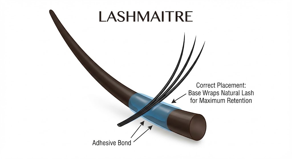 Technical diagram illustrating the correct adhesive wrapping and placement technique for 3d volume eyelash extensions to maximize retention, branded by LASHMAITRE.