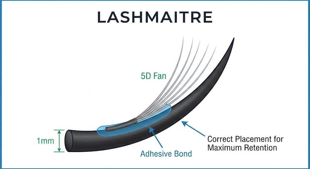 Technical diagram illustrating the correct adhesive wrapping technique for applying 5d eyelash extensions to a natural lash to maximize retention, branded by LASHMAITRE.
