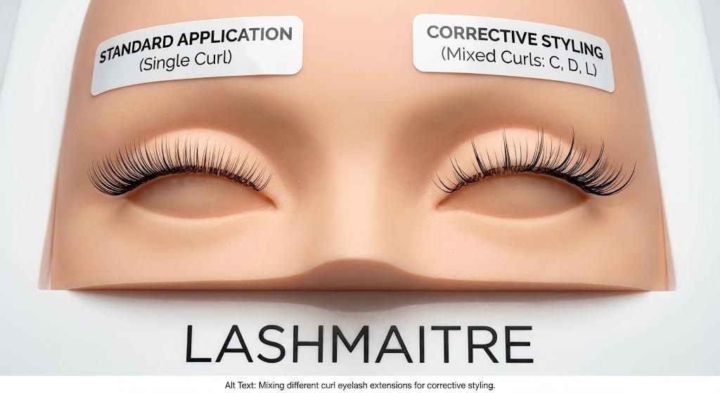 Before and after comparison showing standard application versus corrective lash styling using mixed curls on a mannequin.