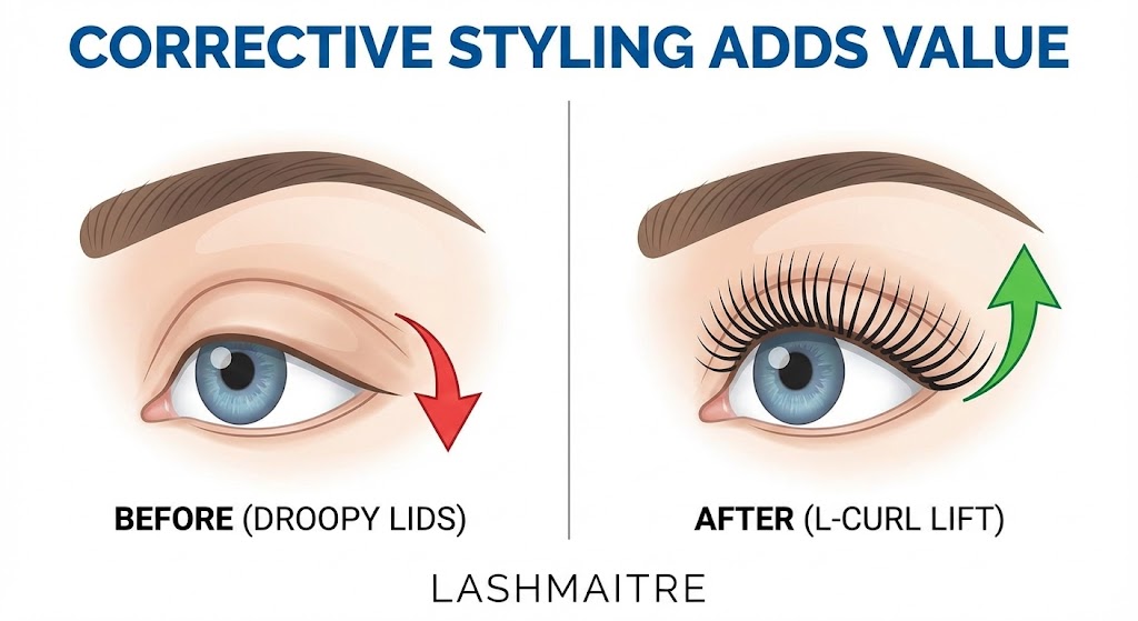 Before and after illustration demonstrating the corrective benefits of eyelash extensions for droopy lids, showing how specialized L-curl lashes visually lift the eye and add service value.