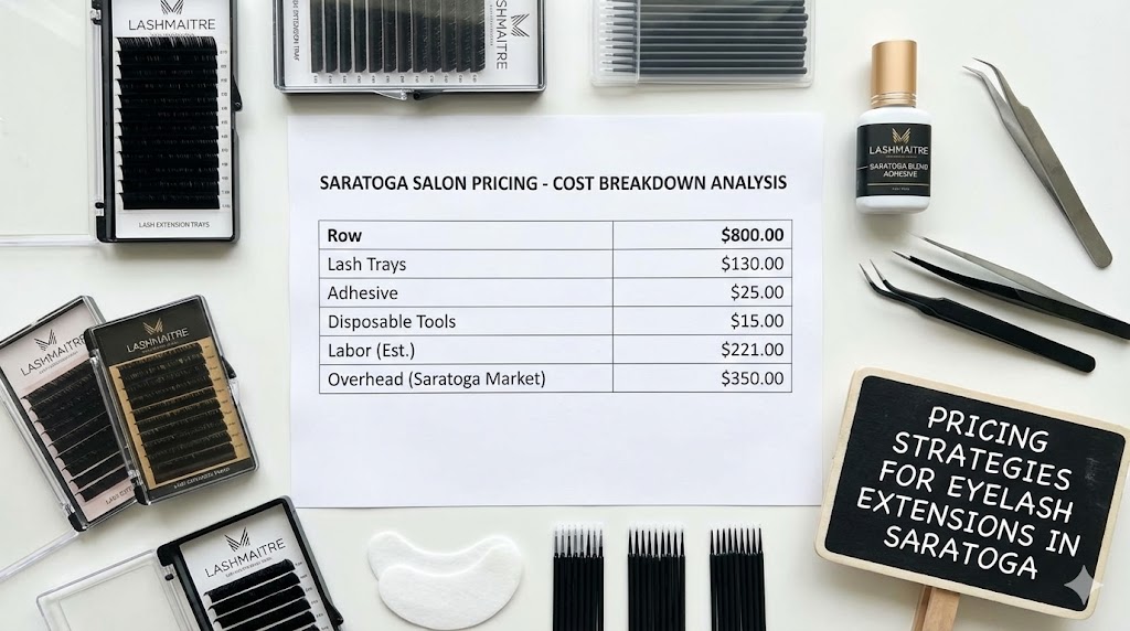 Educational arrangement of professional lash trays, adhesive, and tools on a workstation, illustrating the cost of goods analysis required for effective pricing strategies for eyelash extensions in Saratoga.