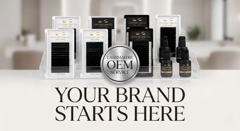 Display of custom private label lash trays and adhesives by LASHMAITRE, illustrating how to build a professional brand that rivals babe eyelash extensions.