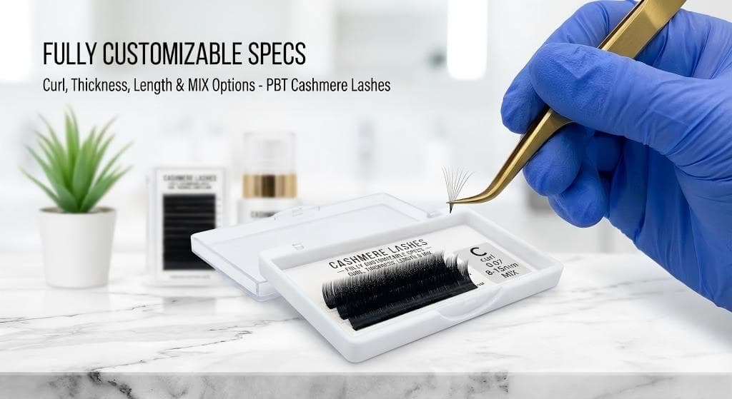 Lashmaitre cashmere lashes wholesale specification chart showing customizable curls C–LD, thickness 0.03–0.20, and 8–25mm MIX lengths