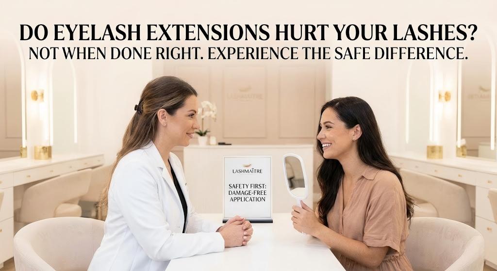 Smiling client consulting with a professional technician about damage free lash extensions and application safety at Lashmaitre.