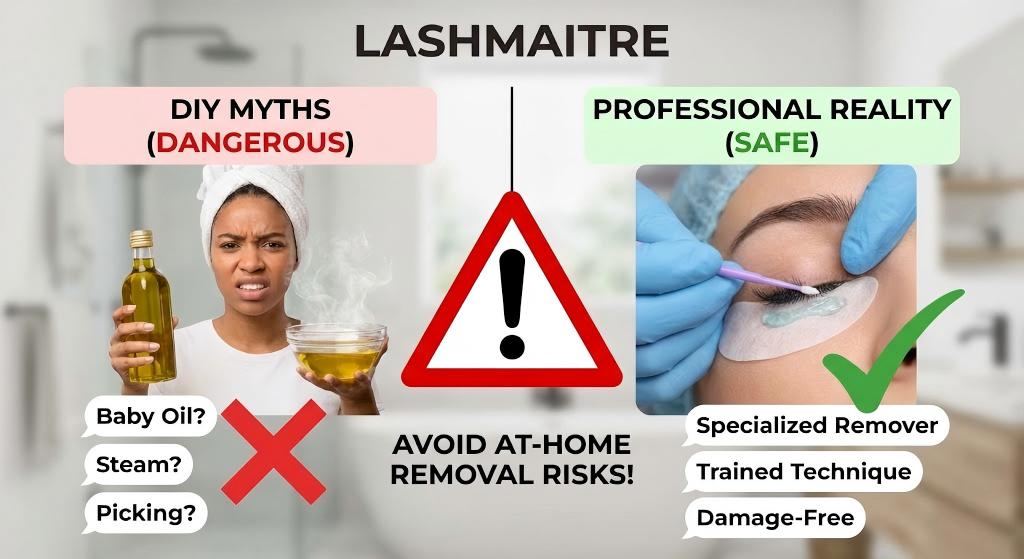 LASHMAITRE infographic comparing dangerous DIY lash removal myths, such as using vaseline to remove lash extensions or baby oil, with the safe professional reality of using specialized removers and techniques.