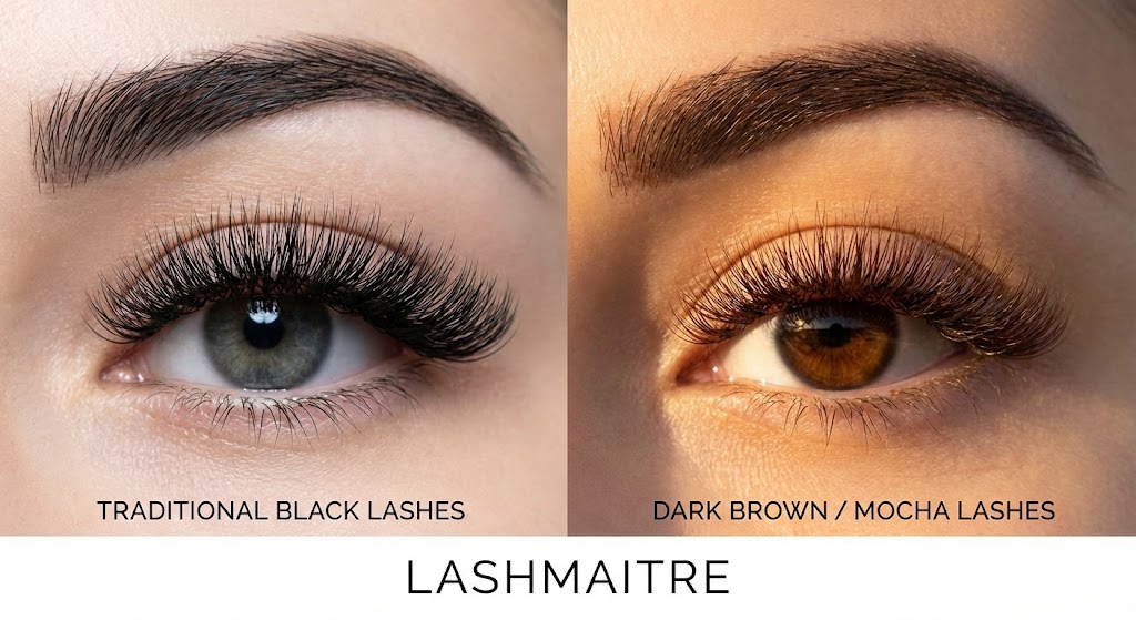 Split-screen comparison by LASHMAITRE showing harsh traditional black eyelash extensions (left) versus soft, natural dark brown mocha eyelash extensions catching sunlight (right).