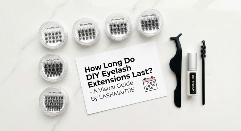 Flat lay of LASHMAITRE DIY lash clusters and bond adhesive, visually explaining the factors that determine how long do DIY eyelash extensions last for at-home users.