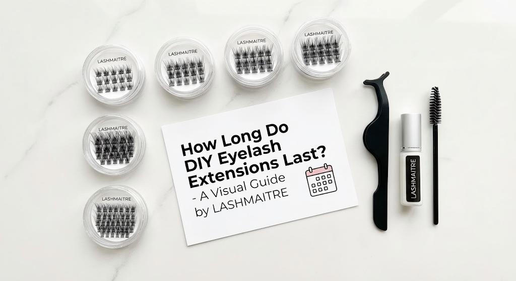 Flat lay of LASHMAITRE DIY lash clusters and bond adhesive, visually explaining the factors that determine how long do DIY eyelash extensions last for at-home users.