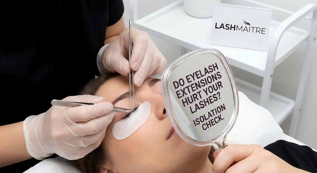 Professional lash artist performing a final isolation check to ensure safety and answer the question: do eyelash extensions hurt your lashes?